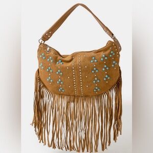 Brown Fringe Suede Bag with Blue Accents